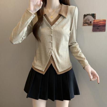 FA41287# 新款大码女装设计感假两件显瘦百搭V领别致上衣 服裝批發女裝批發服飾貨源