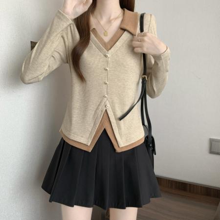 FA41287# 新款大码女装设计感假两件显瘦百搭V领别致上衣 服裝批發女裝批發服飾貨源