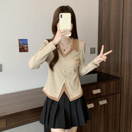 FA41287# 新款大码女装设计感假两件显瘦百搭V领别致上衣 服裝批發女裝批發服飾貨源