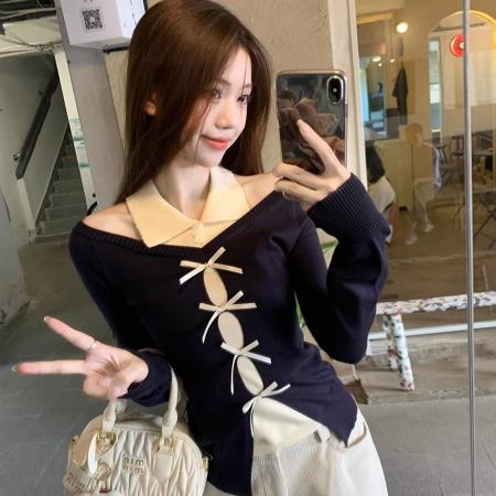 FA41318# 假两件拼接蝴蝶结长袖针织衫女秋季新款甜辣风挂脖上衣 服裝批發女裝批發服飾貨源