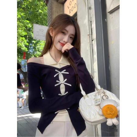 FA41318# 假两件拼接蝴蝶结长袖针织衫女秋季新款甜辣风挂脖上衣 服裝批發女裝批發服飾貨源