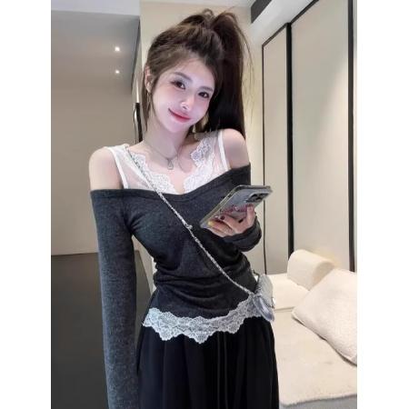 FA41319# 辣妹假两件蕾丝拼接针织衫女秋季新款修身显瘦上衣 服裝批發女裝批發服飾貨源