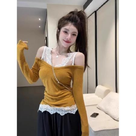 FA41319# 辣妹假两件蕾丝拼接针织衫女秋季新款修身显瘦上衣 服裝批發女裝批發服飾貨源