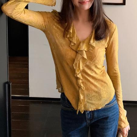 FA41332# 龍喜儿法式优雅v领荷叶边扎染衬衫女刺绣抽褶A字廓形收腰小衫 服裝批發女裝批發服飾貨源