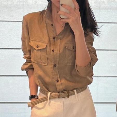 FA41333# 法式小资小上衣早秋高级感轻奢减龄洋气巨好看卡其色亚麻衬衫 服裝批發女裝批發服飾貨源