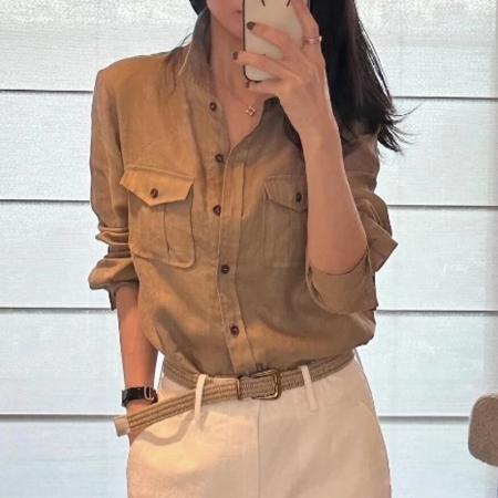 FA41333# 法式小资小上衣早秋高级感轻奢减龄洋气巨好看卡其色亚麻衬衫 服裝批發女裝批發服飾貨源