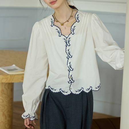 FA41334# ORWhite秋季法式复古月牙花边刺绣V领白色衬衫长袖显瘦女装 服裝批發女裝批發服飾貨源