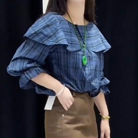 FA41336# 蓝色荷叶边格子设计感长袖T恤女秋季新款宽松减龄大码上衣潮 服裝批發女裝批發服飾貨源
