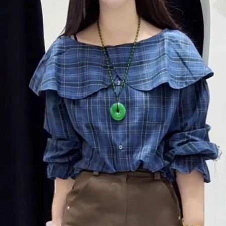 FA41336# 蓝色荷叶边格子设计感长袖T恤女秋季新款宽松减龄大码上衣潮 服裝批發女裝批發服飾貨源