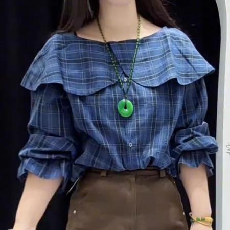 FA41336# 蓝色荷叶边格子设计感长袖T恤女秋季新款宽松减龄大码上衣潮 服裝批發女裝批發服飾貨源