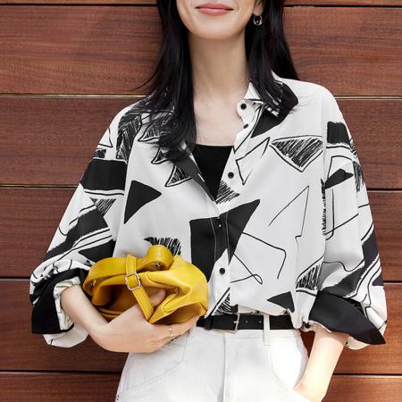 FA41337# 对白涂鸦感几何印花长袖衬衫女春季新款衬衣时髦撞色小众上衣 服裝批發女裝批發服飾貨源
