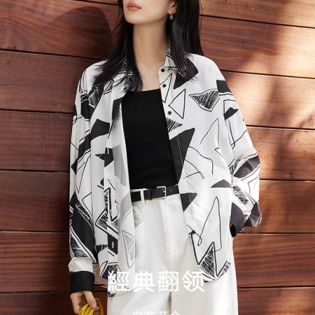 FA41337# 对白涂鸦感几何印花长袖衬衫女春季新款衬衣时髦撞色小众上衣 服裝批發女裝批發服飾貨源