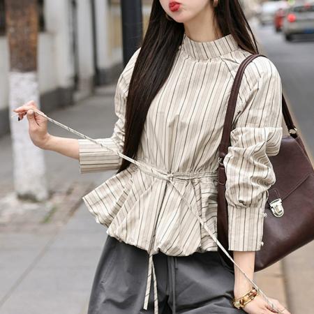 FA41338# 陈佳洁花园宴会条纹长袖衬衫春秋女款新款气质收腰上衣 服裝批發女裝批發服飾貨源
