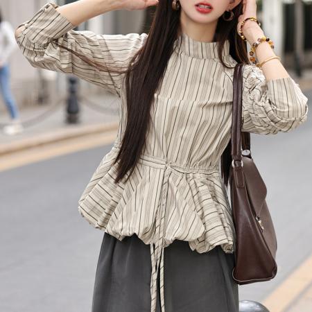 FA41338# 陈佳洁花园宴会条纹长袖衬衫春秋女款新款气质收腰上衣 服裝批發女裝批發服飾貨源