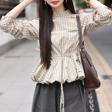 FA41338# 陈佳洁花园宴会条纹长袖衬衫春秋女款新款气质收腰上衣 服裝批發女裝批發服飾貨源