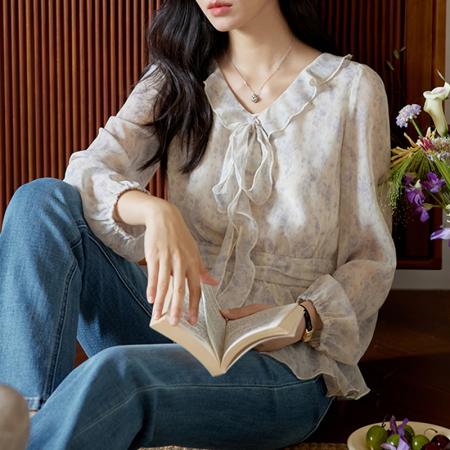 FA41339# 蓝色印花荷叶边绑带长袖衬衫女秋季复古收腰显瘦上衣 服裝批發女裝批發服飾貨源