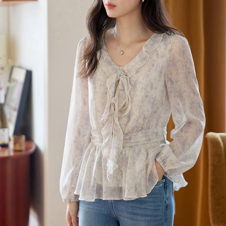 FA41339# 蓝色印花荷叶边绑带长袖衬衫女秋季复古收腰显瘦上衣 服裝批發女裝批發服飾貨源