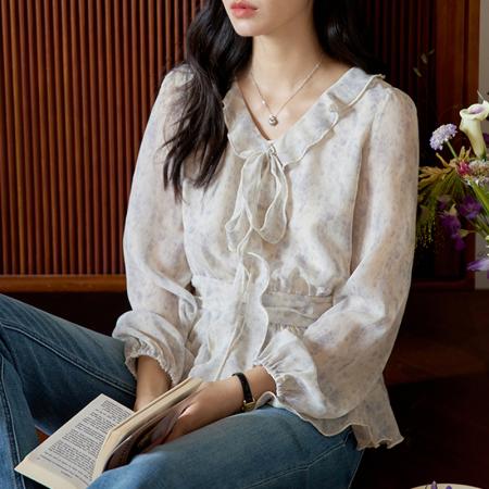 FA41339# 蓝色印花荷叶边绑带长袖衬衫女秋季复古收腰显瘦上衣 服裝批發女裝批發服飾貨源