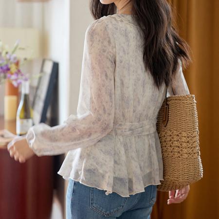 FA41339# 蓝色印花荷叶边绑带长袖衬衫女秋季复古收腰显瘦上衣 服裝批發女裝批發服飾貨源