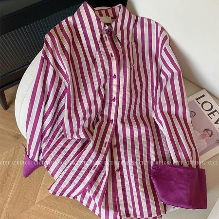 FA41340# 老钱风紫色翻领条纹衬衫女早秋新款气质百搭复古高级感上衣韩 服裝批發女裝批發服飾貨源