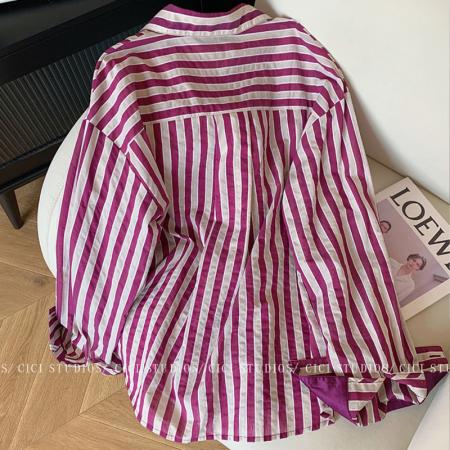 FA41340# 老钱风紫色翻领条纹衬衫女早秋新款气质百搭复古高级感上衣韩 服裝批發女裝批發服飾貨源