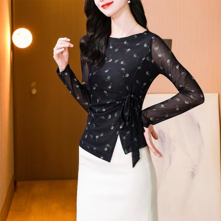 FA41345# 秋季长袖新款印花一字领不规则绑带网纱T恤女时尚上衣 服裝批發女裝批發服飾貨源