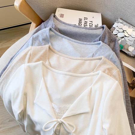 FA41348# 秋装新款纯欲风蕾丝拼接假两件长袖T恤女修身显瘦百搭上衣 服裝批發女裝批發服飾貨源