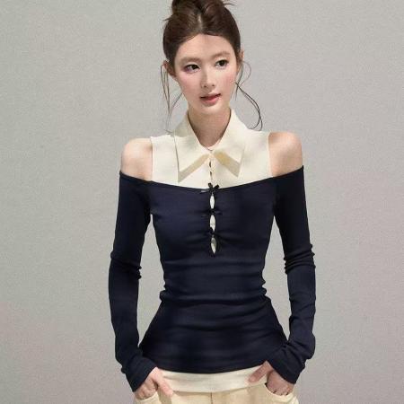 FA41355# 秋季新款纯欲风辣妹纯棉短款长袖t恤女修身显瘦设计感假两件上衣 服裝批發女裝批發服飾貨源