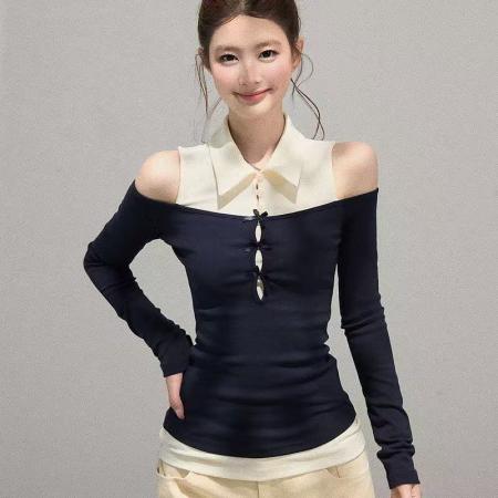 FA41355# 秋季新款纯欲风辣妹纯棉短款长袖t恤女修身显瘦设计感假两件上衣 服裝批發女裝批發服飾貨源