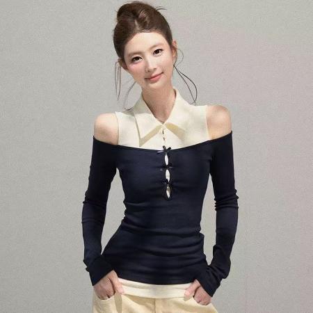 FA41355# 秋季新款纯欲风辣妹纯棉短款长袖t恤女修身显瘦设计感假两件上衣 服裝批發女裝批發服飾貨源