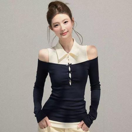 FA41355# 秋季新款纯欲风辣妹纯棉短款长袖t恤女修身显瘦设计感假两件上衣 服裝批發女裝批發服飾貨源