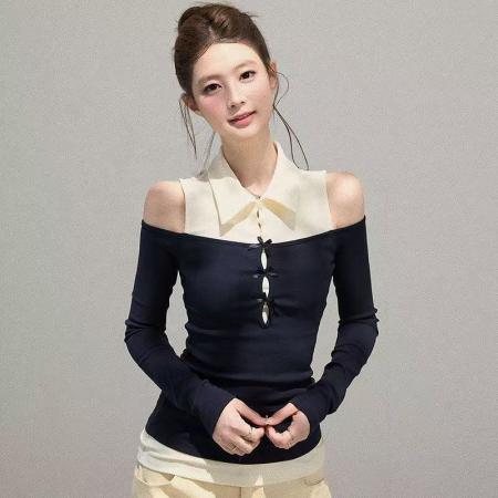 FA41355# 秋季新款纯欲风辣妹纯棉短款长袖t恤女修身显瘦设计感假两件上衣 服裝批發女裝批發服飾貨源