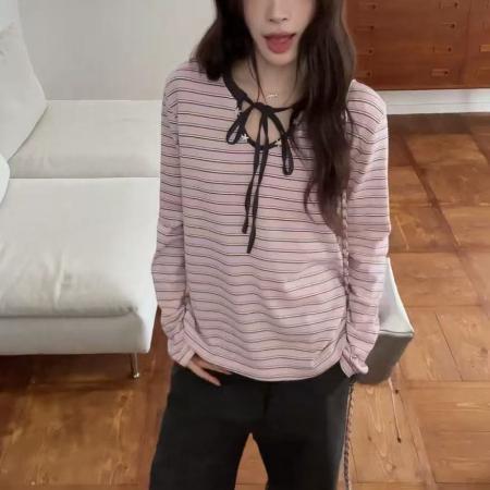 FA41356# 秋季内搭小个子辣妹慵懒修身韩系粉色条纹圆领长袖t恤女打底上衣 服裝批發女裝批發服飾貨源
