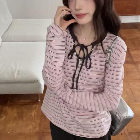 FA41356# 秋季内搭小个子辣妹慵懒修身韩系粉色条纹圆领长袖t恤女打底上衣 服裝批發女裝批發服飾貨源