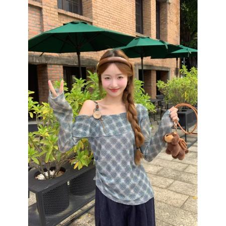 FA41360# 不规则荷叶边斜肩长袖T恤女秋季新款菱格辣妹风休闲修身上衣 服裝批發女裝批發服飾貨源