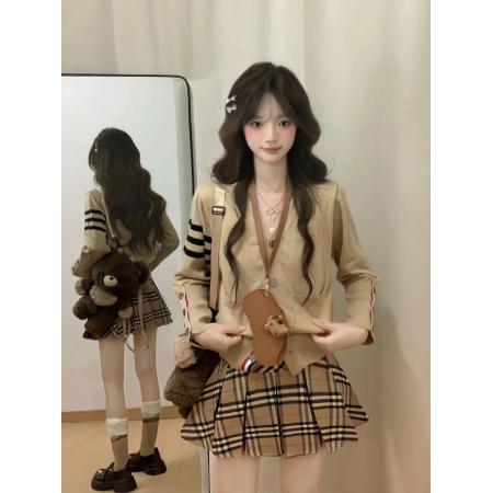 FA41362# 慵懒风针织开衫上衣女春秋季新款宽松毛衣小个子百褶短裙两件套装 服裝批發女裝批發服飾貨源
