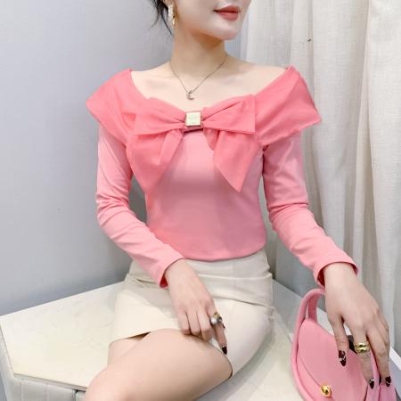 FA41368# 秋冬新款性感一字领T恤女长袖洋气设计感蝴蝶结上衣修身 服裝批發女裝批發服飾貨源