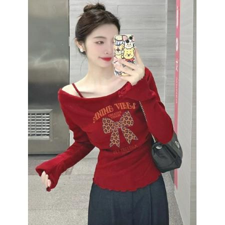 FA41383# 韩系氛围感多巴胺红色露肩针织衫上衣女巨好看的早秋穿搭新款 服裝批發女裝批發服飾貨源