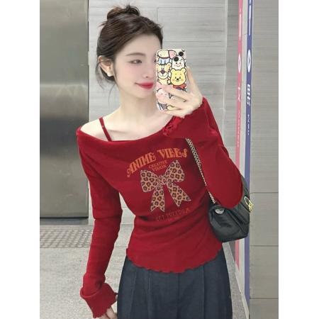 FA41383# 韩系氛围感多巴胺红色露肩针织衫上衣女巨好看的早秋穿搭新款 服裝批發女裝批發服飾貨源