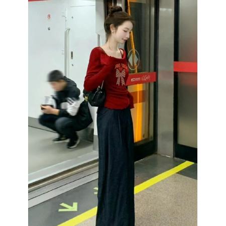 FA41383# 韩系氛围感多巴胺红色露肩针织衫上衣女巨好看的早秋穿搭新款 服裝批發女裝批發服飾貨源