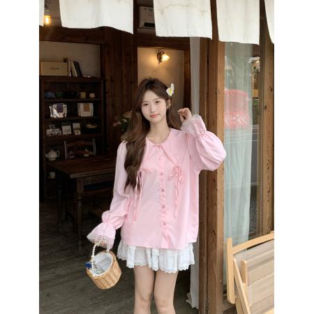 FA41384# 韩系蝴蝶结系带翻领衬衫女秋季新款设计感别致长袖上衣 服裝批發女裝批發服飾貨源