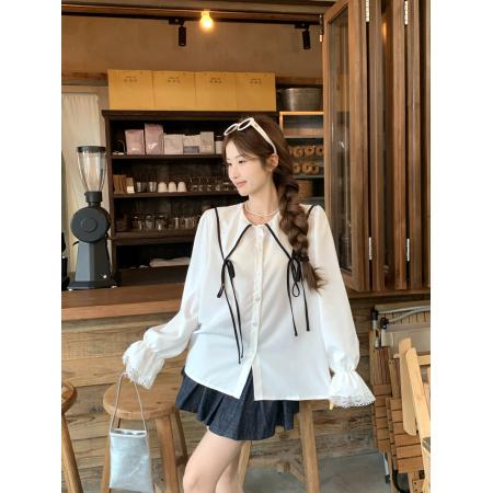 FA41384# 韩系蝴蝶结系带翻领衬衫女秋季新款设计感别致长袖上衣 服裝批發女裝批發服飾貨源