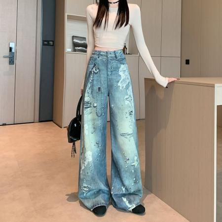 FA41385# 印花牛仔裤女新款美式做旧链条设计感涂鸦拖地阔腿裤子 服裝批發女裝批發服飾貨源