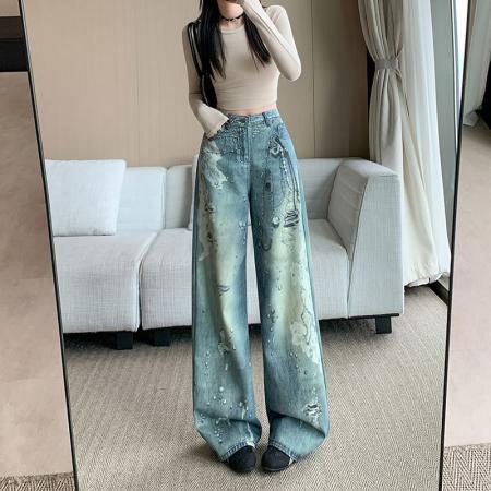 FA41385# 印花牛仔裤女新款美式做旧链条设计感涂鸦拖地阔腿裤子 服裝批發女裝批發服飾貨源