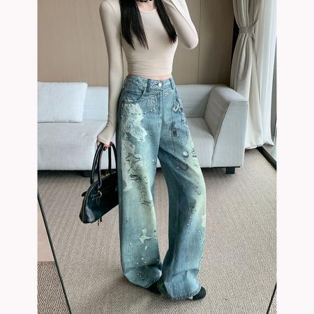 FA41385# 印花牛仔裤女新款美式做旧链条设计感涂鸦拖地阔腿裤子 服裝批發女裝批發服飾貨源