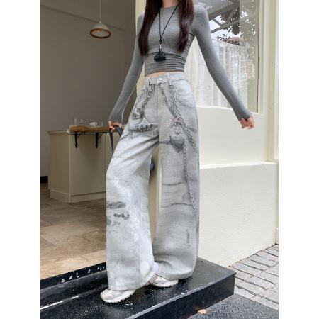 FA41386# 美式复古辣妹印花牛仔裤女新款高腰显瘦直筒阔腿裤 服裝批發女裝批發服飾貨源