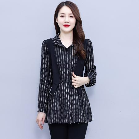 FA41389# 大码女装衬衫翻领条纹时尚休闲宽松显瘦胖妹妹假两件秋 服裝批發女裝批發服飾貨源