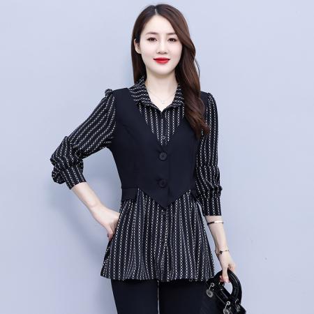 FA41389# 大码女装衬衫翻领条纹时尚休闲宽松显瘦胖妹妹假两件秋 服裝批發女裝批發服飾貨源