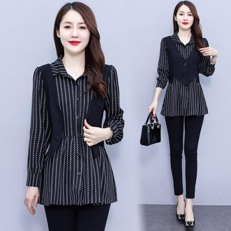 FA41389# 大码女装衬衫翻领条纹时尚休闲宽松显瘦胖妹妹假两件秋 服裝批發女裝批發服飾貨源