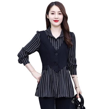 FA41389# 大码女装衬衫翻领条纹时尚休闲宽松显瘦胖妹妹假两件秋 服裝批發女裝批發服飾貨源